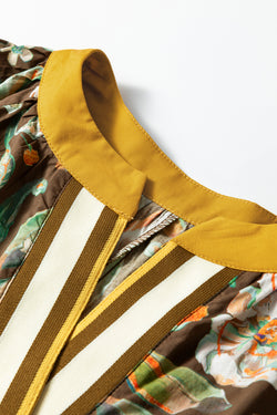 Brown Floral Print Contrast Trim V Neck Pocketed Long Sleeve Mini Dress