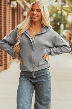 Gray Waffle Splicing Zip Up Front Button Hooded Jacket
