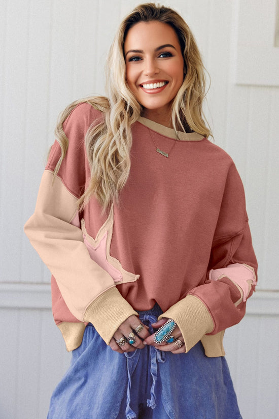 Rose Pink Contrast Star Patchwork Exposed Seam Uneven Hem Drop Shoulder Sweatshirt