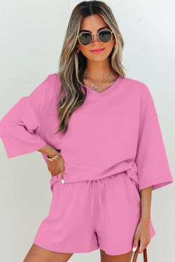 Meadow Mist Green Solid Sole Lo suelto V Neck Media manga y pantalones pantalones cortos