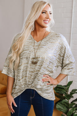Gray Leopard Print Half Sleeve V Neck Loose Fit T Shirt