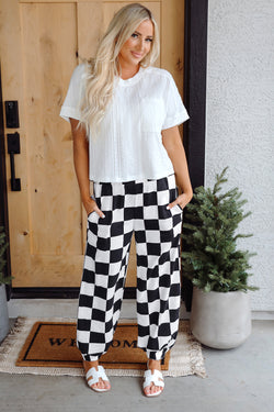 Black Checkerboard Elastic Taist Pocketed Joggers