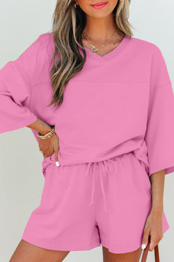 Meadow Mist Green Solid Sole Lo suelto V Neck Media manga y pantalones pantalones cortos