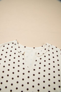 White Polka Dot Print Notched Neck Long Sleeve Top Drawstring Jogger Pants Waffle Knit Lounge Set