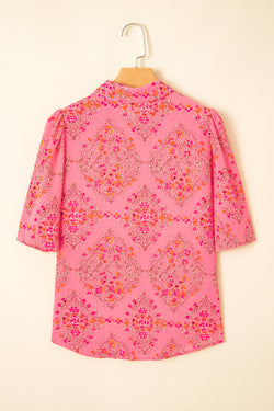 Stampa floreale rosso rosa a manica corta camicia sciolta