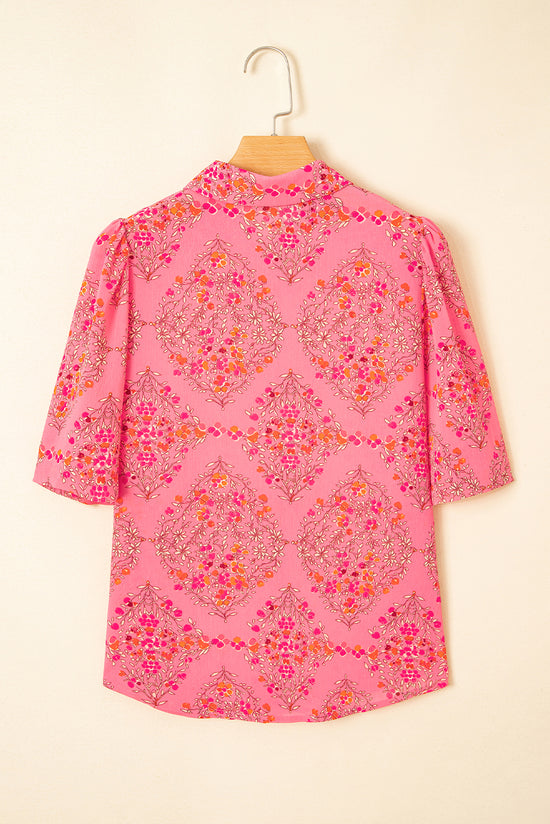 Stampa floreale rosso rosa a manica corta camicia sciolta