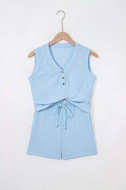 Beau Blue Custbed Botón V Cuella de tanques y pantalones cortos establecidos