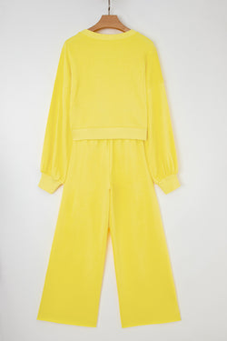 Yellow Cream Drop Shoulder Puff Sleeve Crop Pullover Drawstring Wide Leg Pants Set