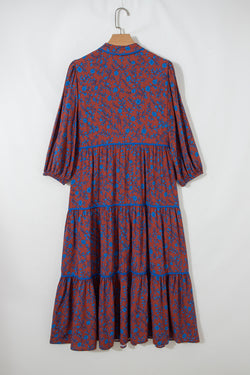 Brown 3/4 Puff Sleeve Tiered Loose Floral Dress