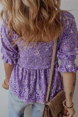Purple Boho Paisley Stampa a mezza manica Shirred Peplum Blouse