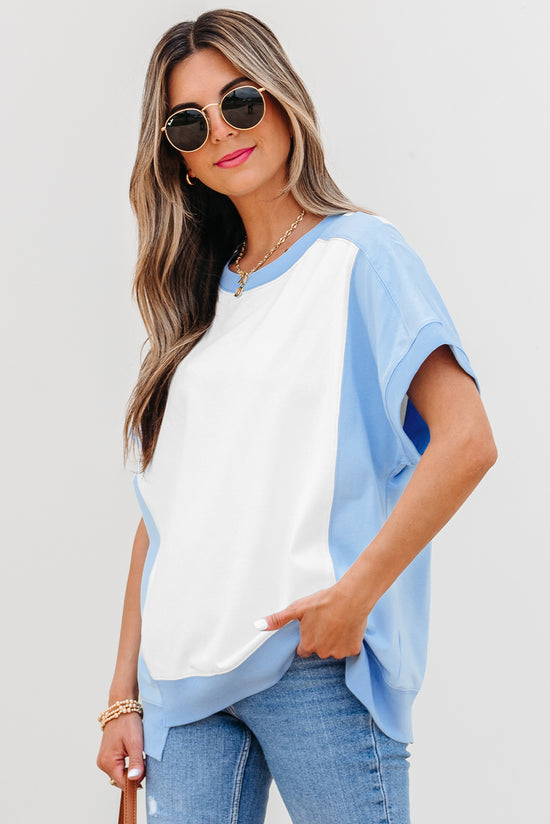 Bloque de color azul cielo Bloque de costura expuesta Camiseta Camiseta