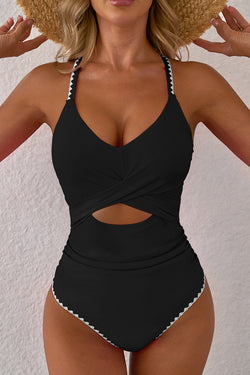 Black Ric Rac Trim Contrastato Patchwork Caltout One Piece Swimsuit
