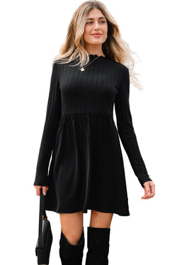Black Frilled Neck Ribbed Knit Patchwork Long Sleeve Mini Dress