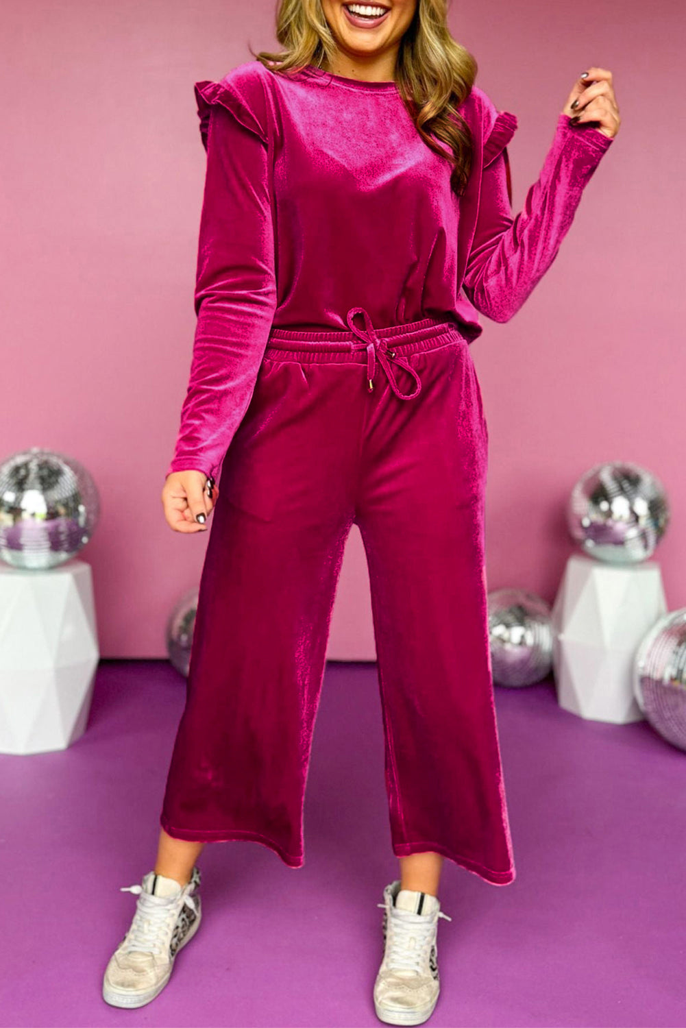 Rose Red Solid Velvet Rusfled Two Piants Set