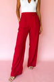 Pantalon droit ample à taille haute élastique rouge vif avec détails plissés