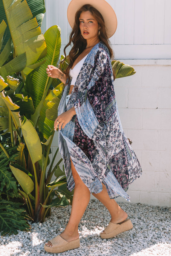 Blue Retro Retro Floral Long Long Loose Front Kimono Kimono