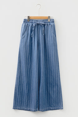 Sky Blue Stripe Chambray Wide Leg Tied Elastic Waist Trousers
