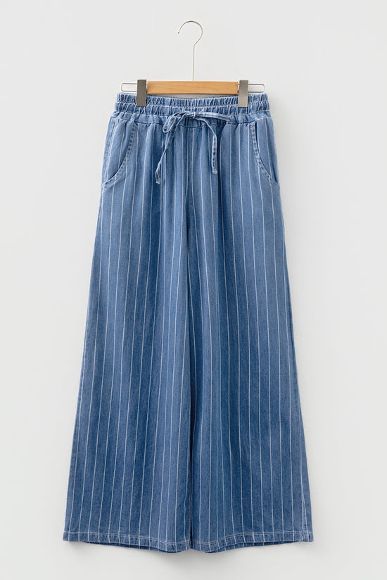 Sky Blue Stripe Chambray Wide Leg Tied Elastic Waist Trousers