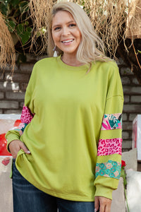 Green Plus Size Princed Patchwork Sweatshirt Split Sweatshirt