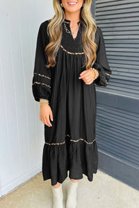 Robe midi bordure léopard contrastée col fendu manches longues décontracté noir