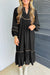 Vestido midi ribete de leopardo en contraste cuello dividido manga larga informal negro