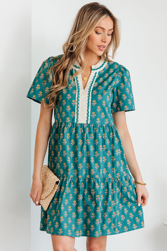 Green Contrast Trim V Neck Short Sleeve Floral Dress