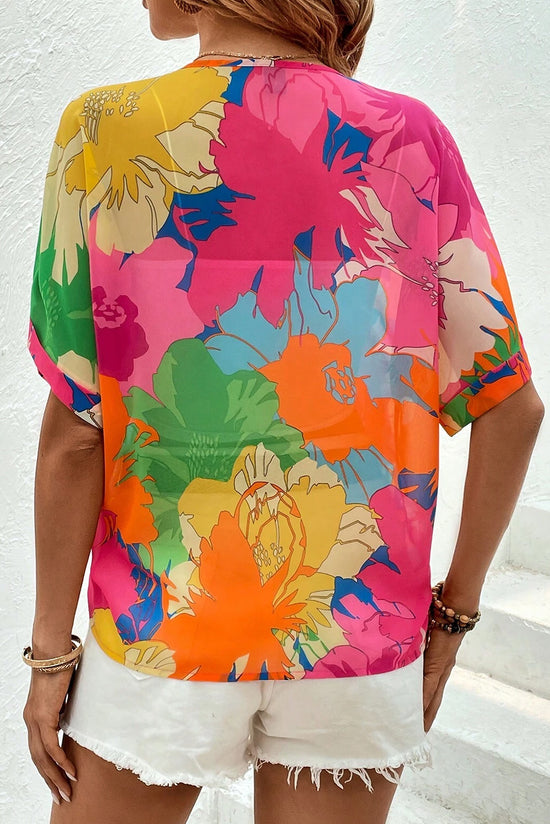 Impressão floral multicolorida camisa de manga curta dobrada