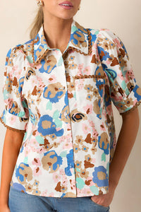Multicolor estampado floral ricrac adorno con cuello hojaldre camisa de manga corta
