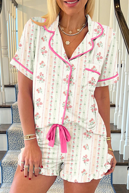 Floral Print Contrast Pipping Short Pajamas Set