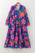 Vestido longo em camadas com estampa floral azul manga 3/4 com decote em V