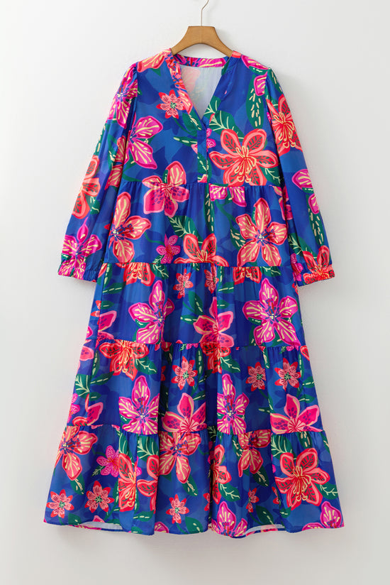 Vestido longo em camadas com estampa floral azul manga 3/4 com decote em V