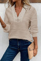 Parchment Solid Color Textured Zip V Neck Pullover Sweatshirt