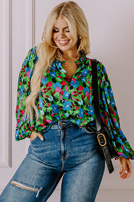 Manga de burbujas floral de talla grande verde V BLUSIA CELLO