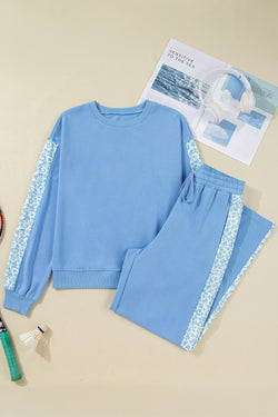 Beau Blue Floral Patchwork Drop Shoulder Pullover and Sweatpants Lounge Set